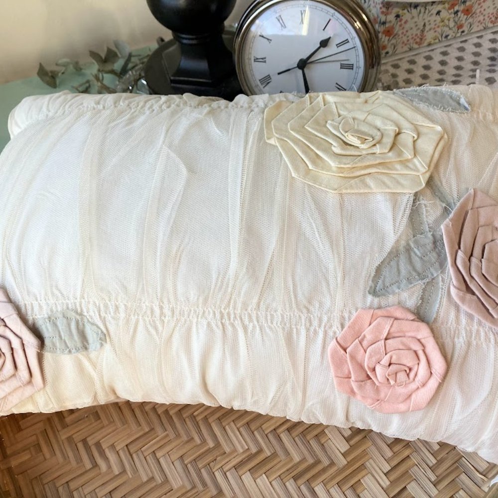 Delicate Stitched French Country Floral Pillow w/Rosette Accents 17 x 11"